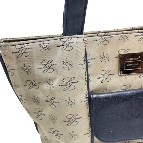 LONGABERGER Black Tan Double Handle Tote Shoulder Bag Genuine Leather Trim Purse - Picture 3 of 16